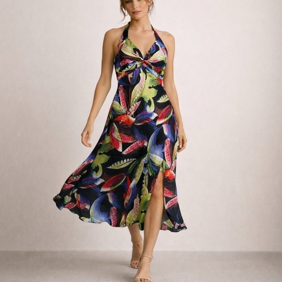 Cache Dresses & Skirts - Vintage Cache Silk Floral Halter Dress Size 2 Maximalist Resortwear 2000s